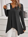 Detail view of a black ribbed knit V-neck sweater with asymmetrical hem for women. - Black