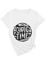 Detailed view of women's white V-neck T-shirt with Camping Time graphic and side knot. - S / Tops / Black Color Print (3812) / White