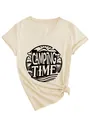 Close-up detail of the camping time graphic print on a cream v-neck t-shirt for women - S / Tops / Black Color Print (3812) / Sand