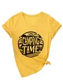 Close-up of stylish yellow women's V-neck T-shirt featuring a camping time graphic print - S / Tops / Black Color Print (3812) / Yellow