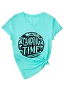 Detail of mint green women's V-neck T-shirt with Camping Time graphic print - S / Tops / Black Color Print (3812) / Deep Water Blue