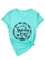 Mintgroen T-shirt met V-hals en zwart Family Trip 2026 strandthema printdetail voor dames - S / Tops / Diep Water Blauw (Zwart Lettertype)