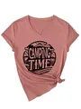 Detailed view of women's pink V-neck t-shirt with black Camping Time graphic print - S / Tops / Black Color Print (3812) / Rose Gold