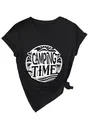 Close-up of black V-neck T-shirt with white Camping Time graphic print design - S / Tops / White Color Print (3812) / Black
