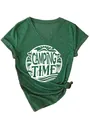 Detailed close-up of a women's V-neck T-shirt in heather green with camping time print - S / Tops / White Color Print (3812) / Vintage Green