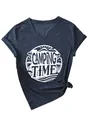 Detail of navy blue V-neck T-shirt with a white Camping Time circular graphic print - S / Tops / White Color Print (3812) / Navy Blue