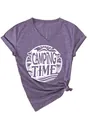 Detail of purple V-neck t-shirt featuring a white 'CAMPING TIME' graphic print. - S / Tops / White Color Print (3812) / Purple