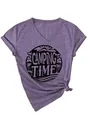 Close-up detail of women's purple V-neck short sleeve T-shirt with Camping Time graphic - S / Tops / Black Color Print (3812) / Purple