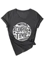 Close-up of women's charcoal grey V-neck T-shirt with Camping Time graphic print. - S / Tops / White Color Print (3812) / Black Heather Grey