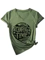Detail shot of a green V-neck T-shirt with Camping Time mountain graphic print - S / Tops / Black Color Print (3812) / Olive Green