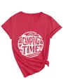 Red V-neck T-shirt for women with white Camping Time graphic and knotted hem detail - S / Tops / White Color Print (3812) / Red