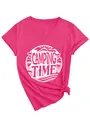 Close-up of pink V-neck t-shirt with white Camping Time mountain print and knot detail - S / Tops / White Color Print (3812) / Rose Red