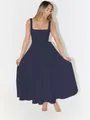Elegant navy blue square neck midi dress with wide straps and a flared skirt design - Navy Blue