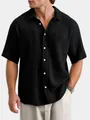 Men's summer loose casual short sleeve shirt in black color with unique textured fabric - 3XL / Tops / Black
