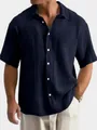 Casual men's short sleeve shirt in dark navy blue featuring unique seersucker texture - 3XL / Tops / Navy Blue