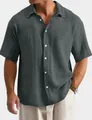 Men's casual loose fit summer short sleeve shirt in textured charcoal grey gauze fabric - 3XL / Tops / Dark Gray