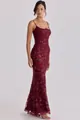 Elegantes burgunderrotes Pailletten-Abendkleid mit Spaghettiträgern in Ganzkörperansicht. - S / Kleider / Burgunderrot