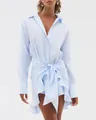 Detailed view of light blue long-sleeve shirt dress with elegant front tie-knot - S / Top And Bottom / Light Blue