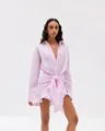 Pink long-sleeve tie-front shirt dress with ruffled hem and elegant V-neckline - S / Top And Bottom / Pink