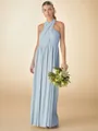 Full view of elegant light blue multi-way pleated maxi dress with cross halter neck - Sky Blue
