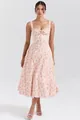 Elegantes rosa geblümtes Midikleid mit Korsett-Oberteil und zarten Spitzen-Trägern. - S / Oberteil Und Unterteil / Rosa
