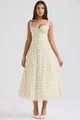 Elegant yellow floral midi sundress with thin camisole straps and flared A-line skirt. - Light Yellow