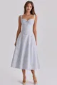 Detail view of a light blue floral corset midi dress with an elegant A-line silhouette - Light Blue