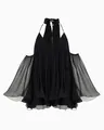 Elegantes schwarzes Chiffon-Neckholder-Minikleid mit Cut-Out-Schultern und Goldring-Detail - S / Oberteil Und Unterteil / Schwarz