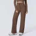 Professionelle braune Yoga-Hose mit weitem Bein, hoher Taille, Kordelzug und passendem Oberteil. - S / Unterteile / Kastanienbraun