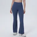 High-waist blue flared yoga pants for women, breathable fitness workout leggings detail view - S / Bottoms / Navy Blue