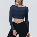 Macro view of navy blue mesh double-layered breathable long sleeve yoga crop top for fitness - S / Tops / Navy Blue