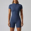 High-performance short sleeve yoga bodysuit with a central front zipper in navy blue - S / Top And Bottom / Navy Blue