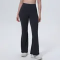 Front view of high-waisted charcoal yoga flare pants for women's workout and fitness - S / Bottoms / Black