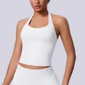 Premium white seamless halter neck sports tank top with open back design for yoga and fitness - S / Tops / Off-White