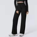 Detailansicht der schwarzen Yoga-Hose mit hoher Taille und verstellbarem Tunnelzug - S / Unterteile / Schwarz