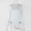 Elegant white long-sleeved slim-fit bodysuit for women shown on a clear mannequin - S / Tops / White