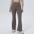 Front view of solid taupe high-waisted flared yoga pants, showcasing the slim fit design - S / Bottoms / Khaki Brown