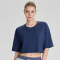Αναπνεύσιμο χαλαρό ναυτικό μπλε modal γιόγκα cropped t-shirt για γυναίκες σπορ - S / Tops / Μπλε του Κακάο