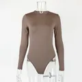 Elegant coffee brown long-sleeved bodysuit with a slim-fit crew neck design for women - Coffee