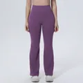 Professional studio detail shot of high-waisted purple flared yoga pants for fitness - S / Bottoms / Purple Thistle