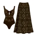 Two-piece black swimwear set with hollow-out floral patterns and maxi skirt. - S / Top And Bottom / Black