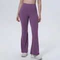 Detailed front view of women's purple high-waisted flared yoga pants for fitness training - S / Bottoms / Purple Thistle