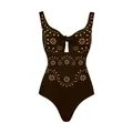 Detailed view of a black one-piece swimsuit with elegant laser-cut floral patterns. - S / Tops / Black