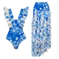 Stylish blue tropical island print ruffled swimsuit and matching tiered beach maxi skirt set - S / Top And Bottom / Ruffle Set