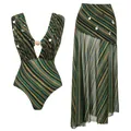 Detailed view of striped one-piece swimsuit and matching long skirt with sequins - S / Top And Bottom / Multicolor Striped