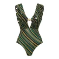 Elegant one-piece swimsuit with colorful stripes, sequins, and shell metal detail. - S / Tops / Multicolor Striped