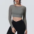 Grey long-sleeve mesh crop top with fake two-piece design for yoga fitness sportswear - S / Tops / Titanium Gray