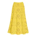 Detailed view of yellow A-line skirt with laser-cut hollow-out floral patterns - One Size / Bottoms / Yellow