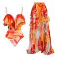 Maillot de bain une pièce à volants orange marbré avec jupe longue assortie. - S / Haut Et Bas / Jaune Orangé