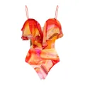 Maillot de bain une pièce élégant avec volants à froufrous et un imprimé abstrait - S / Hauts / Jaune Orangé